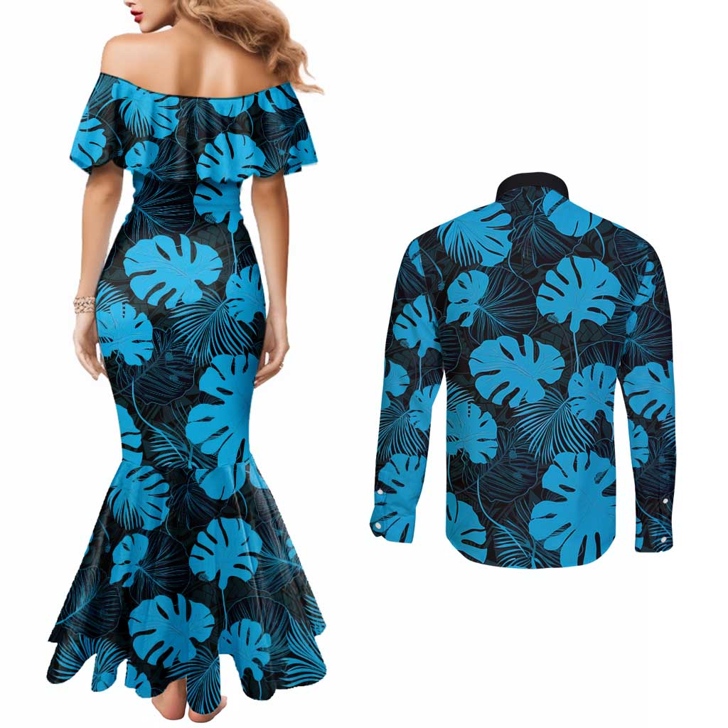Blue Hawaii Kukui Nut Lei Couples Matching Mermaid Dress and Long Sleeve Button Shirt Hawaiian Pattern Monstera Tropical Vibes - Polynesian Pride