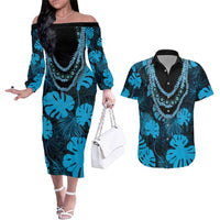 Blue Hawaii Kukui Nut Lei Couples Matching Off The Shoulder Long Sleeve Dress and Hawaiian Shirt Hawaiian Pattern Monstera Tropical Vibes LT14 Blue - Polynesian Pride