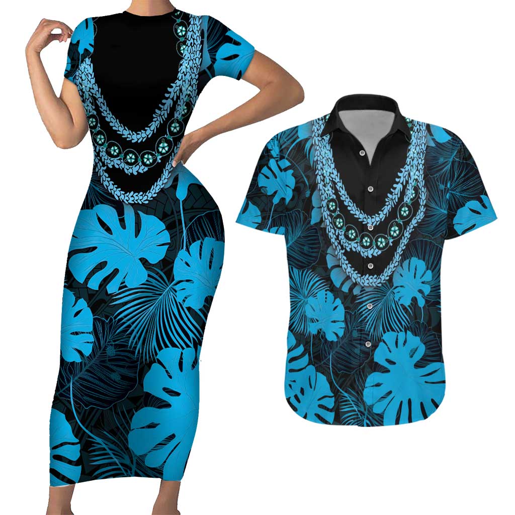 Blue Hawaii Kukui Nut Lei Couples Matching Short Sleeve Bodycon Dress and Hawaiian Shirt Hawaiian Pattern Monstera Tropical Vibes - Polynesian Pride