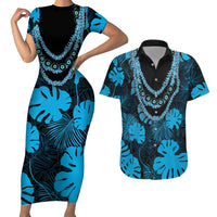 Blue Hawaii Kukui Nut Lei Couples Matching Short Sleeve Bodycon Dress and Hawaiian Shirt Hawaiian Pattern Monstera Tropical Vibes - Polynesian Pride