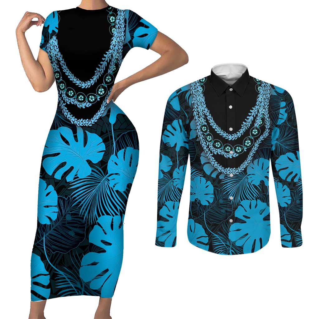Blue Hawaii Kukui Nut Lei Couples Matching Short Sleeve Bodycon Dress and Long Sleeve Button Shirt Hawaiian Pattern Monstera Tropical Vibes - Polynesian Pride