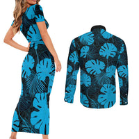 Blue Hawaii Kukui Nut Lei Couples Matching Short Sleeve Bodycon Dress and Long Sleeve Button Shirt Hawaiian Pattern Monstera Tropical Vibes - Polynesian Pride