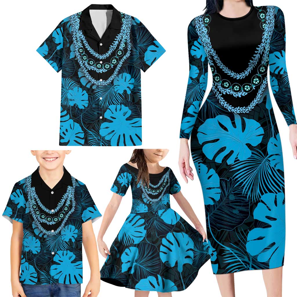 Blue Hawaii Kukui Nut Lei Family Matching Long Sleeve Bodycon Dress and Hawaiian Shirt Hawaiian Pattern Monstera Tropical Vibes - Polynesian Pride