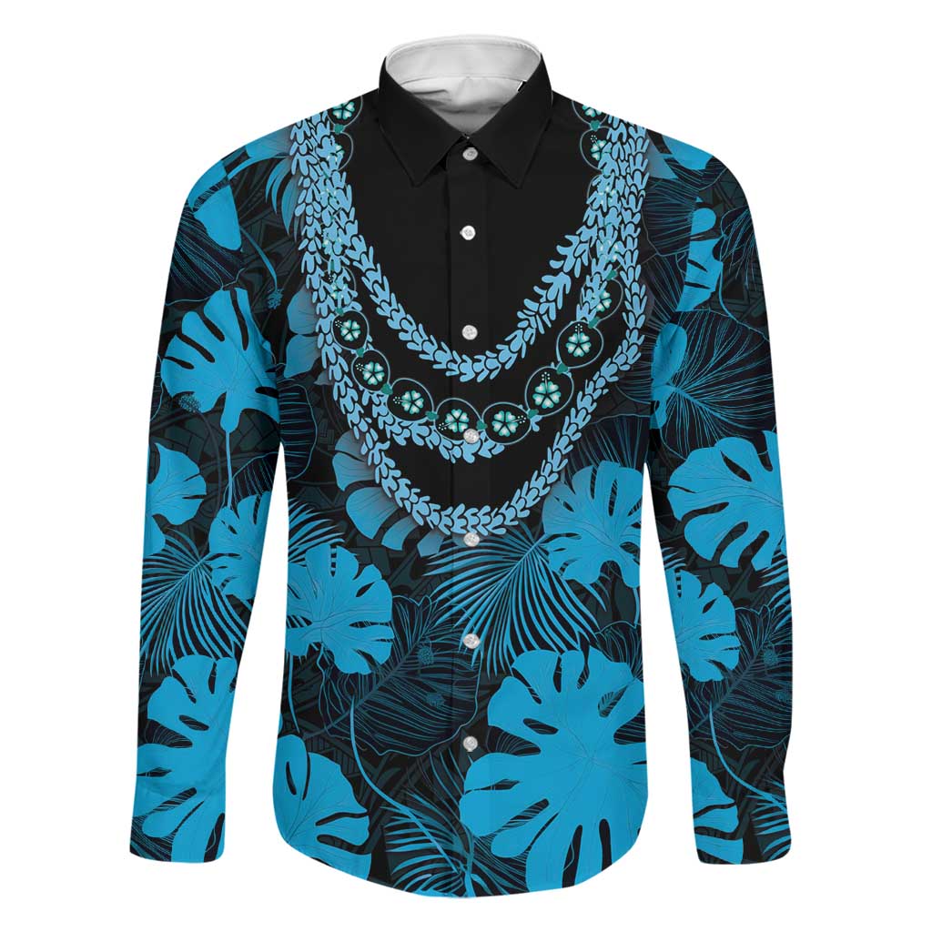 Blue Hawaii Kukui Nut Lei Family Matching Long Sleeve Bodycon Dress and Hawaiian Shirt Hawaiian Pattern Monstera Tropical Vibes LT14 Dad's Shirt - Long Sleeve Blue - Polynesian Pride