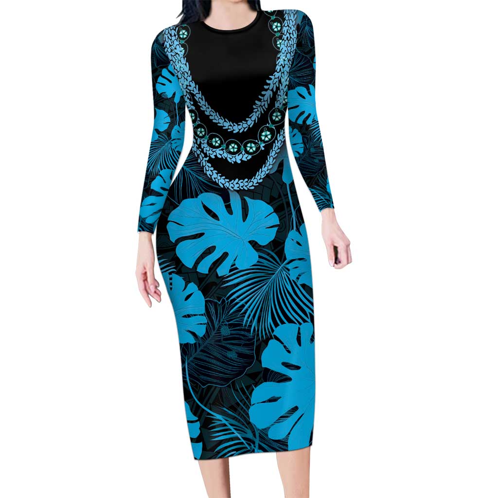 Blue Hawaii Kukui Nut Lei Family Matching Long Sleeve Bodycon Dress and Hawaiian Shirt Hawaiian Pattern Monstera Tropical Vibes LT14 Mom's Dress Blue - Polynesian Pride