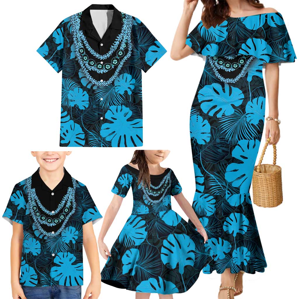 Blue Hawaii Kukui Nut Lei Family Matching Mermaid Dress and Hawaiian Shirt Hawaiian Pattern Monstera Tropical Vibes LT14 - Polynesian Pride
