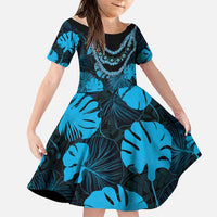 Blue Hawaii Kukui Nut Lei Family Matching Off The Shoulder Long Sleeve Dress and Hawaiian Shirt Hawaiian Pattern Monstera Tropical Vibes LT14 Daughter's Dress Blue - Polynesian Pride