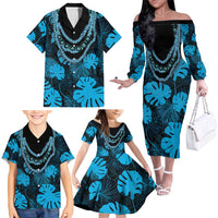 Blue Hawaii Kukui Nut Lei Family Matching Off The Shoulder Long Sleeve Dress and Hawaiian Shirt Hawaiian Pattern Monstera Tropical Vibes LT14 - Polynesian Pride
