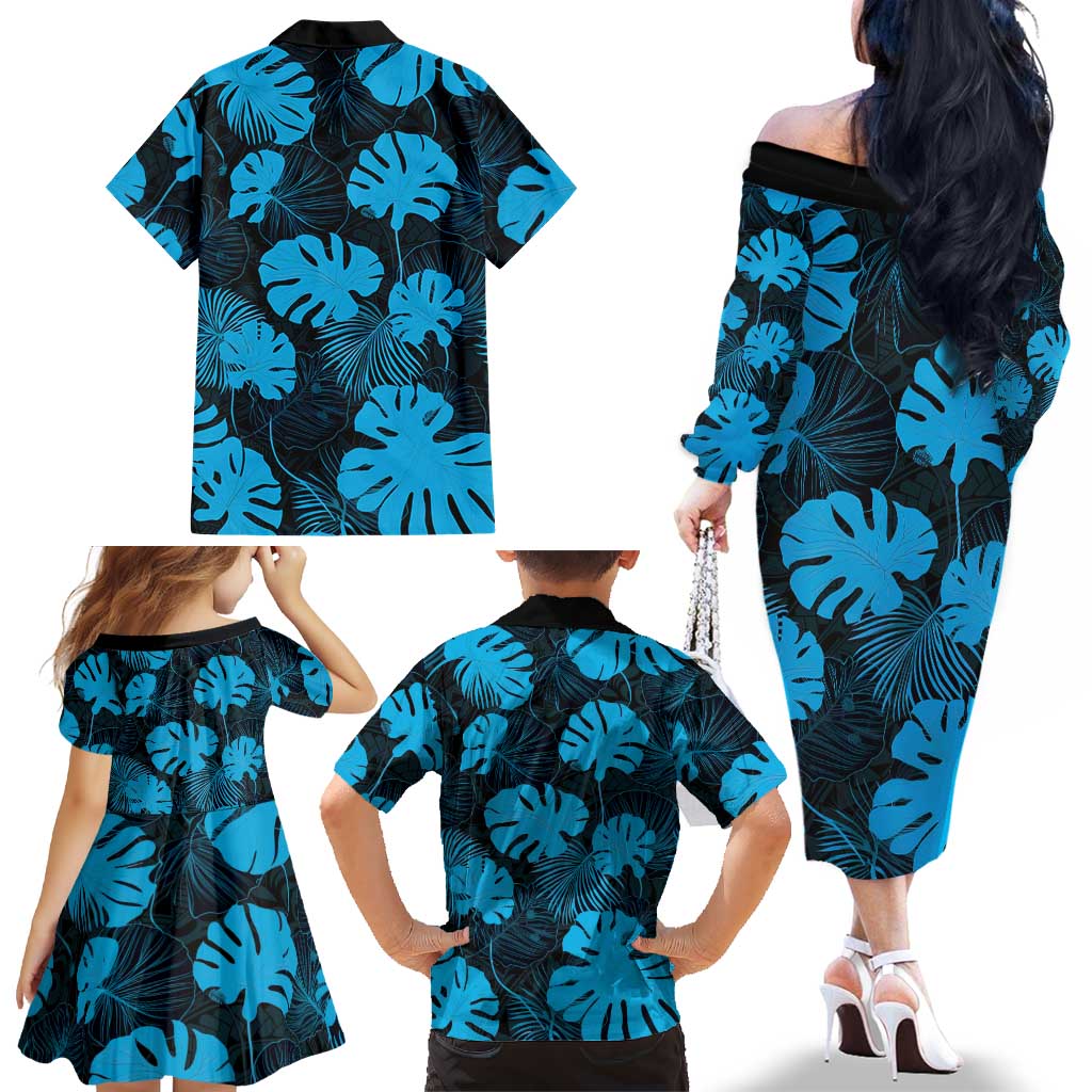 Blue Hawaii Kukui Nut Lei Family Matching Off The Shoulder Long Sleeve Dress and Hawaiian Shirt Hawaiian Pattern Monstera Tropical Vibes LT14 - Polynesian Pride