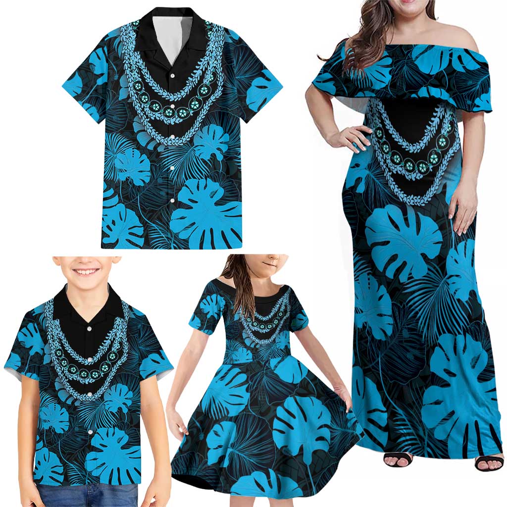 Blue Hawaii Kukui Nut Lei Family Matching Off Shoulder Maxi Dress and Hawaiian Shirt Hawaiian Pattern Monstera Tropical Vibes - Polynesian Pride