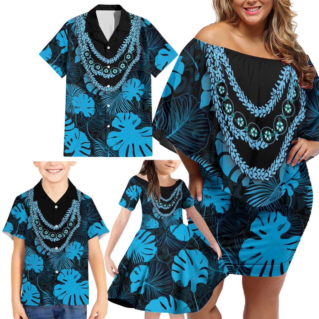 Blue Hawaii Kukui Nut Lei Family Matching Off Shoulder Short Dress and Hawaiian Shirt Hawaiian Pattern Monstera Tropical Vibes - Polynesian Pride