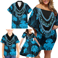 Blue Hawaii Kukui Nut Lei Family Matching Off Shoulder Short Dress and Hawaiian Shirt Hawaiian Pattern Monstera Tropical Vibes - Polynesian Pride