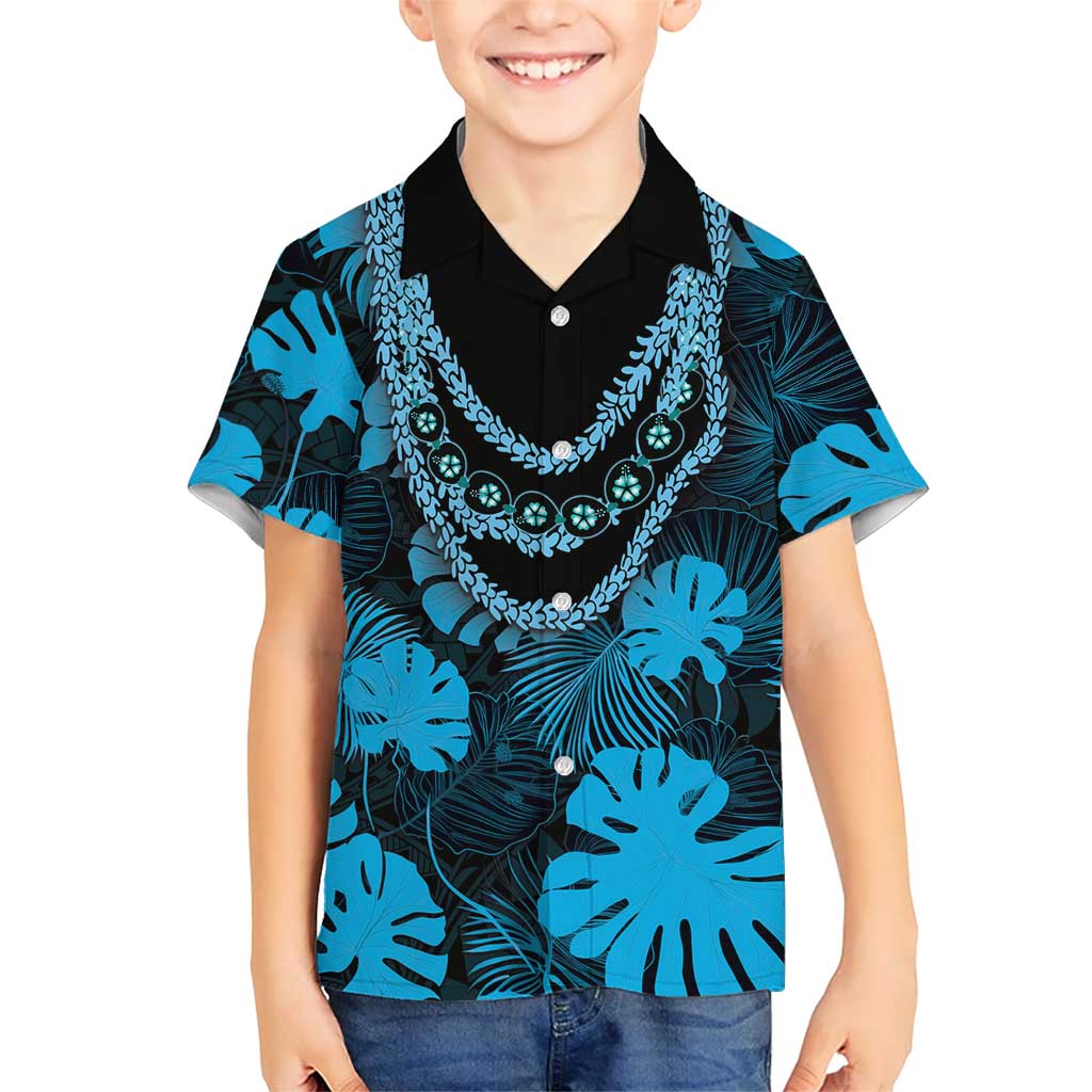 Blue Hawaii Kukui Nut Lei Family Matching Off Shoulder Short Dress and Hawaiian Shirt Hawaiian Pattern Monstera Tropical Vibes - Polynesian Pride
