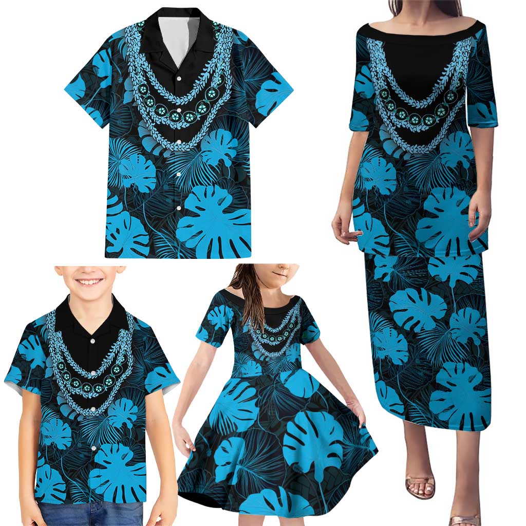 Blue Hawaii Kukui Nut Lei Family Matching Puletasi and Hawaiian Shirt Hawaiian Pattern Monstera Tropical Vibes - Polynesian Pride