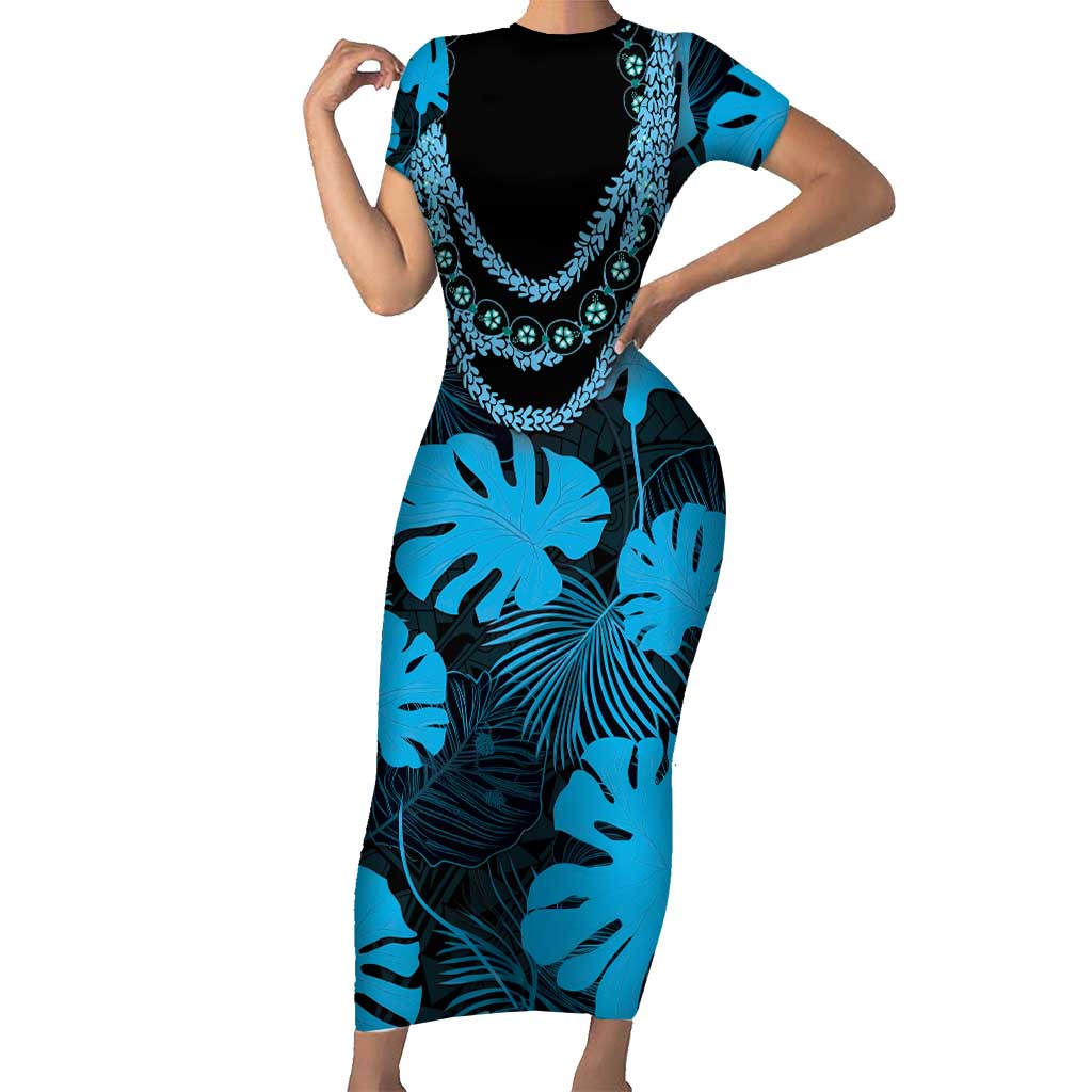 Blue Hawaii Kukui Nut Lei Family Matching Short Sleeve Bodycon Dress and Hawaiian Shirt Hawaiian Pattern Monstera Tropical Vibes LT14 Mom's Dress Blue - Polynesian Pride
