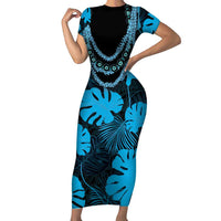 Blue Hawaii Kukui Nut Lei Family Matching Short Sleeve Bodycon Dress and Hawaiian Shirt Hawaiian Pattern Monstera Tropical Vibes LT14 Mom's Dress Blue - Polynesian Pride