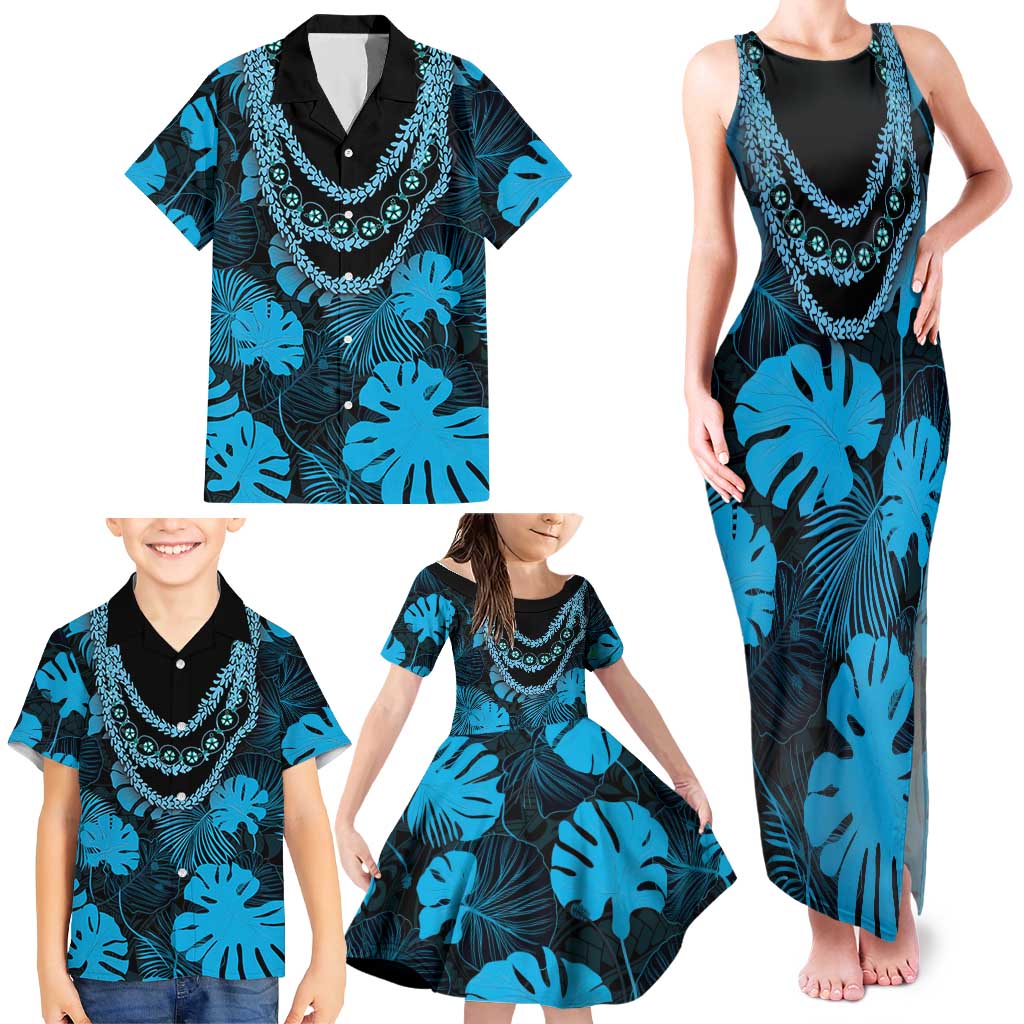 Blue Hawaii Kukui Nut Lei Family Matching Tank Maxi Dress and Hawaiian Shirt Hawaiian Pattern Monstera Tropical Vibes - Polynesian Pride
