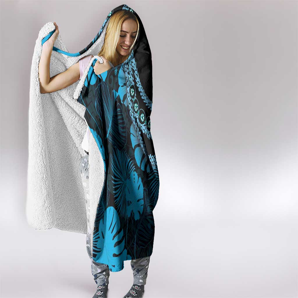 Blue Hawaii Kukui Nut Lei Hooded Blanket Hawaiian Pattern Monstera Tropical Vibes - Polynesian Pride