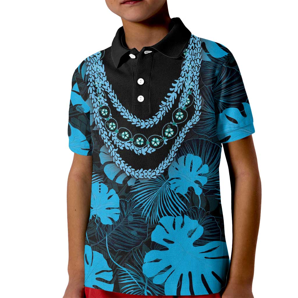 Blue Hawaii Kukui Nut Lei Kid Polo Shirt Hawaiian Pattern Monstera Tropical Vibes - Polynesian Pride