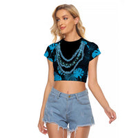 Blue Hawaii Kukui Nut Lei Raglan Cropped T Shirt Hawaiian Pattern Monstera Tropical Vibes - Polynesian Pride