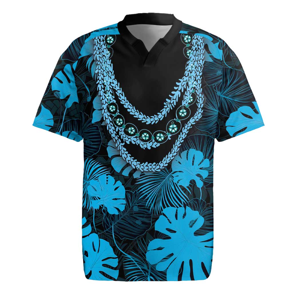 Blue Hawaii Kukui Nut Lei Rugby Jersey Hawaiian Pattern Monstera Tropical Vibes - Polynesian Pride