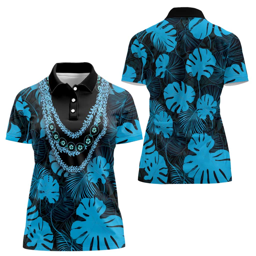 Blue Hawaii Kukui Nut Lei Women Polo Shirt Hawaiian Pattern Monstera Tropical Vibes - Polynesian Pride