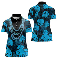 Blue Hawaii Kukui Nut Lei Women Polo Shirt Hawaiian Pattern Monstera Tropical Vibes - Polynesian Pride