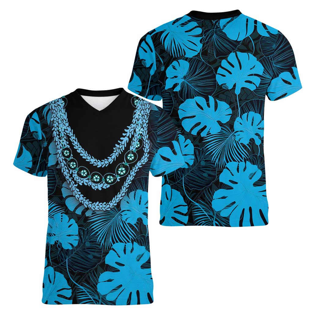 Blue Hawaii Kukui Nut Lei Women V-Neck T-Shirt Hawaiian Pattern Monstera Tropical Vibes - Polynesian Pride