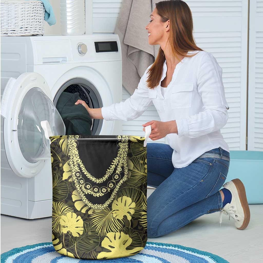 Yellow Hawaii Kukui Nut Lei Laundry Basket Hawaiian Pattern Monstera Tropical Vibes - Polynesian Pride