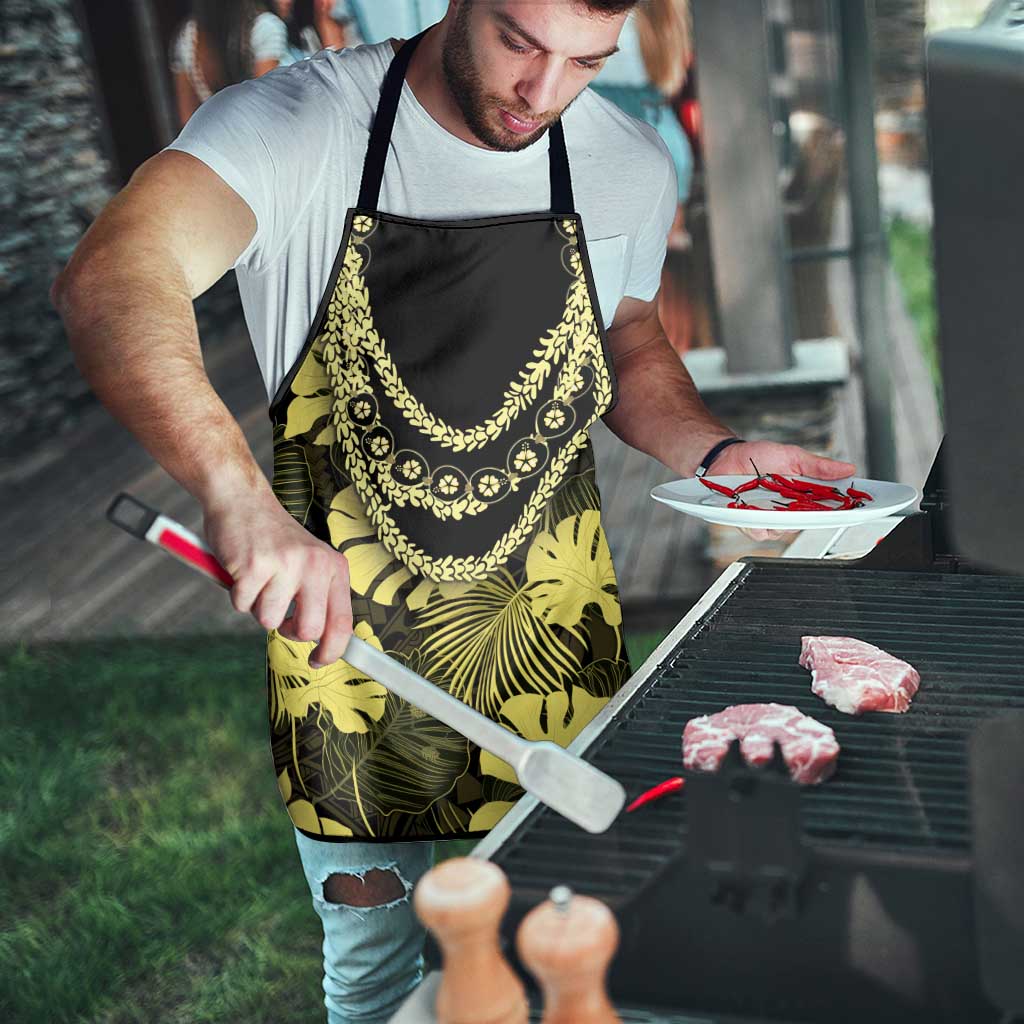 Yellow Hawaii Kukui Nut Lei Apron Hawaiian Pattern Monstera Tropical Vibes - Polynesian Pride