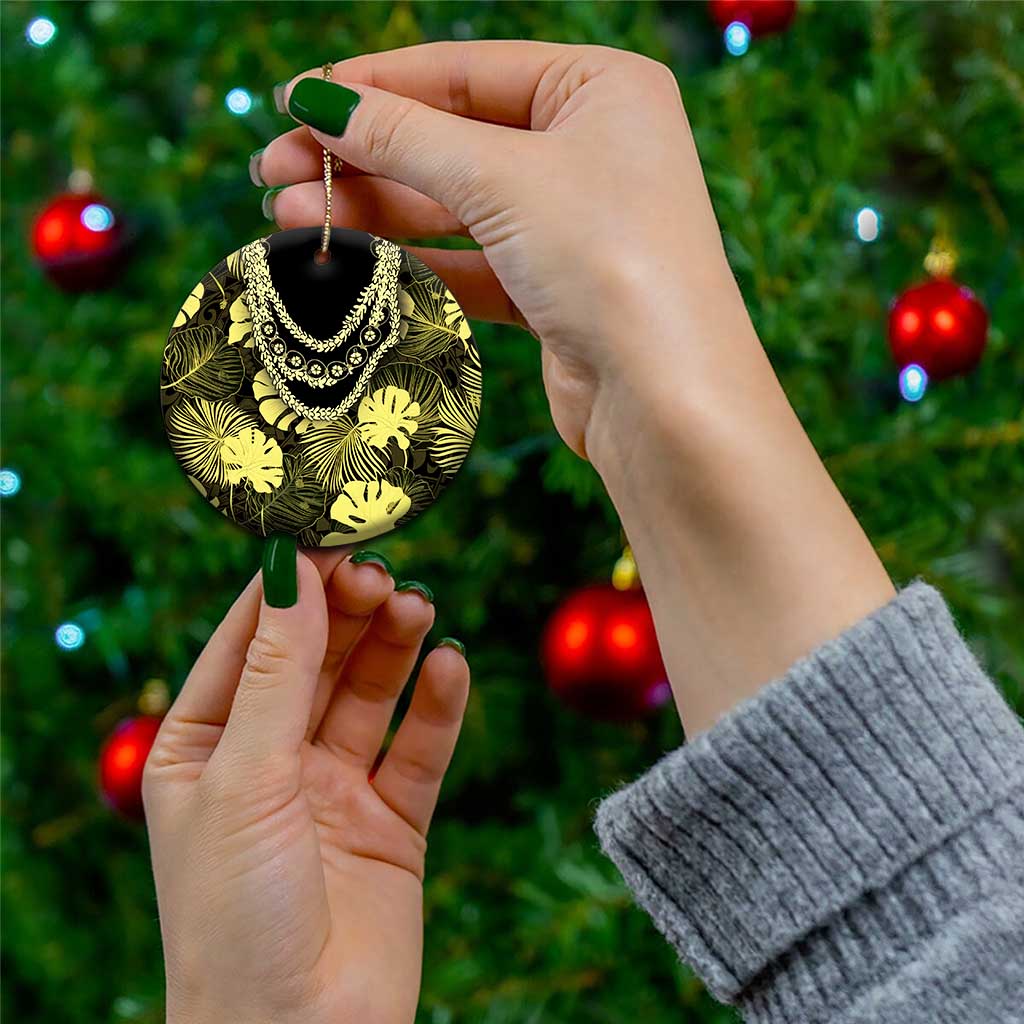 Yellow Hawaii Kukui Nut Lei Ceramic Ornament Hawaiian Pattern Monstera Tropical Vibes - Polynesian Pride