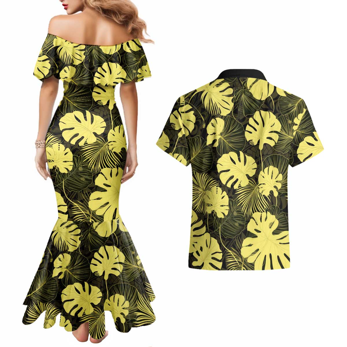 Yellow Hawaii Kukui Nut Lei Couples Matching Mermaid Dress and Hawaiian Shirt Hawaiian Pattern Monstera Tropical Vibes - Polynesian Pride