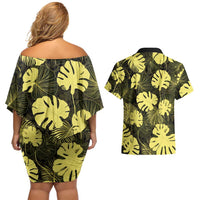 Yellow Hawaii Kukui Nut Lei Couples Matching Off Shoulder Short Dress and Hawaiian Shirt Hawaiian Pattern Monstera Tropical Vibes - Polynesian Pride