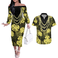 Yellow Hawaii Kukui Nut Lei Couples Matching Off The Shoulder Long Sleeve Dress and Hawaiian Shirt Hawaiian Pattern Monstera Tropical Vibes - Polynesian Pride