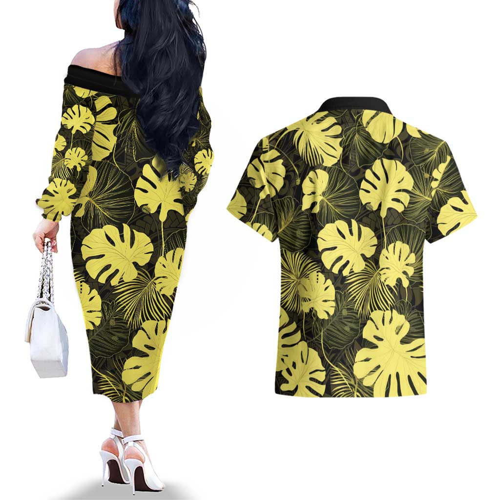 Yellow Hawaii Kukui Nut Lei Couples Matching Off The Shoulder Long Sleeve Dress and Hawaiian Shirt Hawaiian Pattern Monstera Tropical Vibes - Polynesian Pride