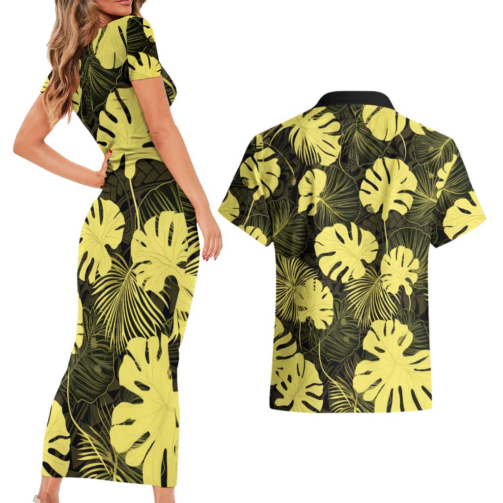 Yellow Hawaii Kukui Nut Lei Couples Matching Short Sleeve Bodycon Dress and Hawaiian Shirt Hawaiian Pattern Monstera Tropical Vibes - Polynesian Pride