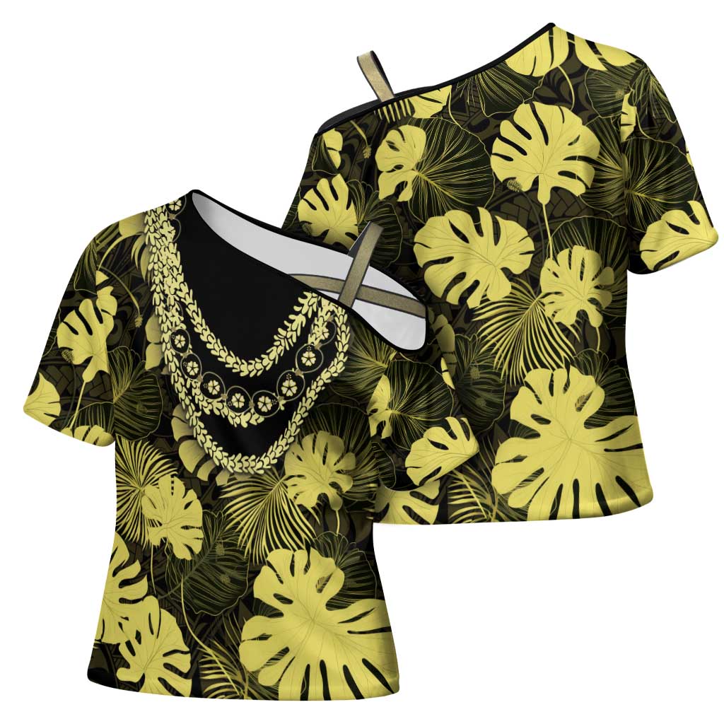 Yellow Hawaii Kukui Nut Lei Cross Shoulder Shirt Hawaiian Pattern Monstera Tropical Vibes LT14 - Polynesian Pride