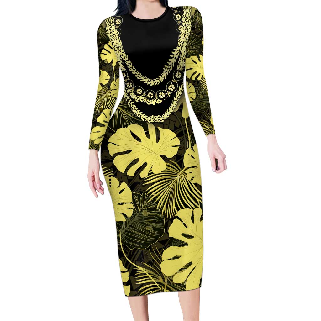 Yellow Hawaii Kukui Nut Lei Family Matching Long Sleeve Bodycon Dress and Hawaiian Shirt Hawaiian Pattern Monstera Tropical Vibes LT14 Mom's Dress Yellow - Polynesian Pride