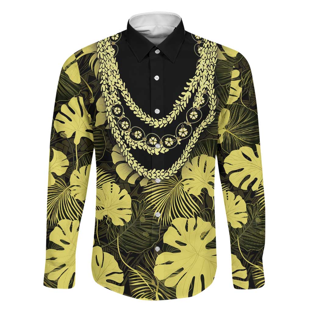 Yellow Hawaii Kukui Nut Lei Family Matching Mermaid Dress and Hawaiian Shirt Hawaiian Pattern Monstera Tropical Vibes LT14 Dad's Shirt - Long Sleeve Yellow - Polynesian Pride