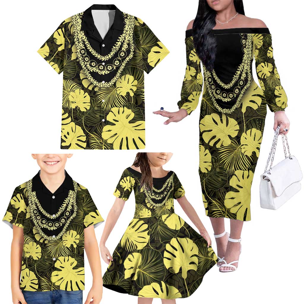 Yellow Hawaii Kukui Nut Lei Family Matching Off The Shoulder Long Sleeve Dress and Hawaiian Shirt Hawaiian Pattern Monstera Tropical Vibes LT14 - Polynesian Pride