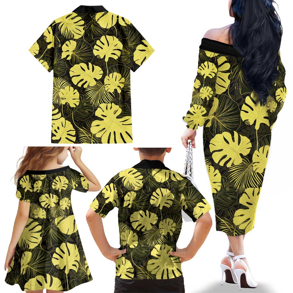 Yellow Hawaii Kukui Nut Lei Family Matching Off The Shoulder Long Sleeve Dress and Hawaiian Shirt Hawaiian Pattern Monstera Tropical Vibes LT14 - Polynesian Pride