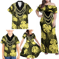 Yellow Hawaii Kukui Nut Lei Family Matching Off Shoulder Maxi Dress and Hawaiian Shirt Hawaiian Pattern Monstera Tropical Vibes LT14 - Polynesian Pride