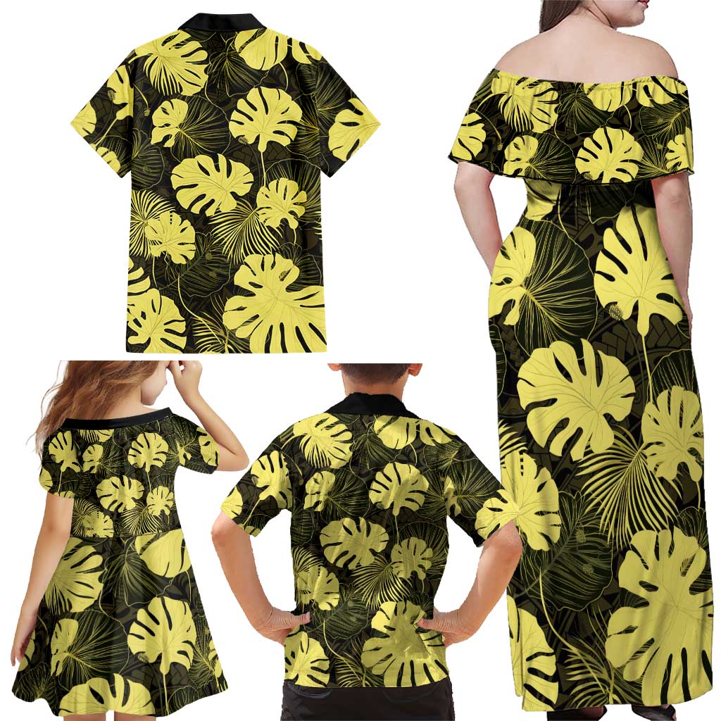 Yellow Hawaii Kukui Nut Lei Family Matching Off Shoulder Maxi Dress and Hawaiian Shirt Hawaiian Pattern Monstera Tropical Vibes LT14 - Polynesian Pride