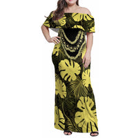 Yellow Hawaii Kukui Nut Lei Family Matching Off Shoulder Maxi Dress and Hawaiian Shirt Hawaiian Pattern Monstera Tropical Vibes LT14 Mom's Dress Yellow - Polynesian Pride