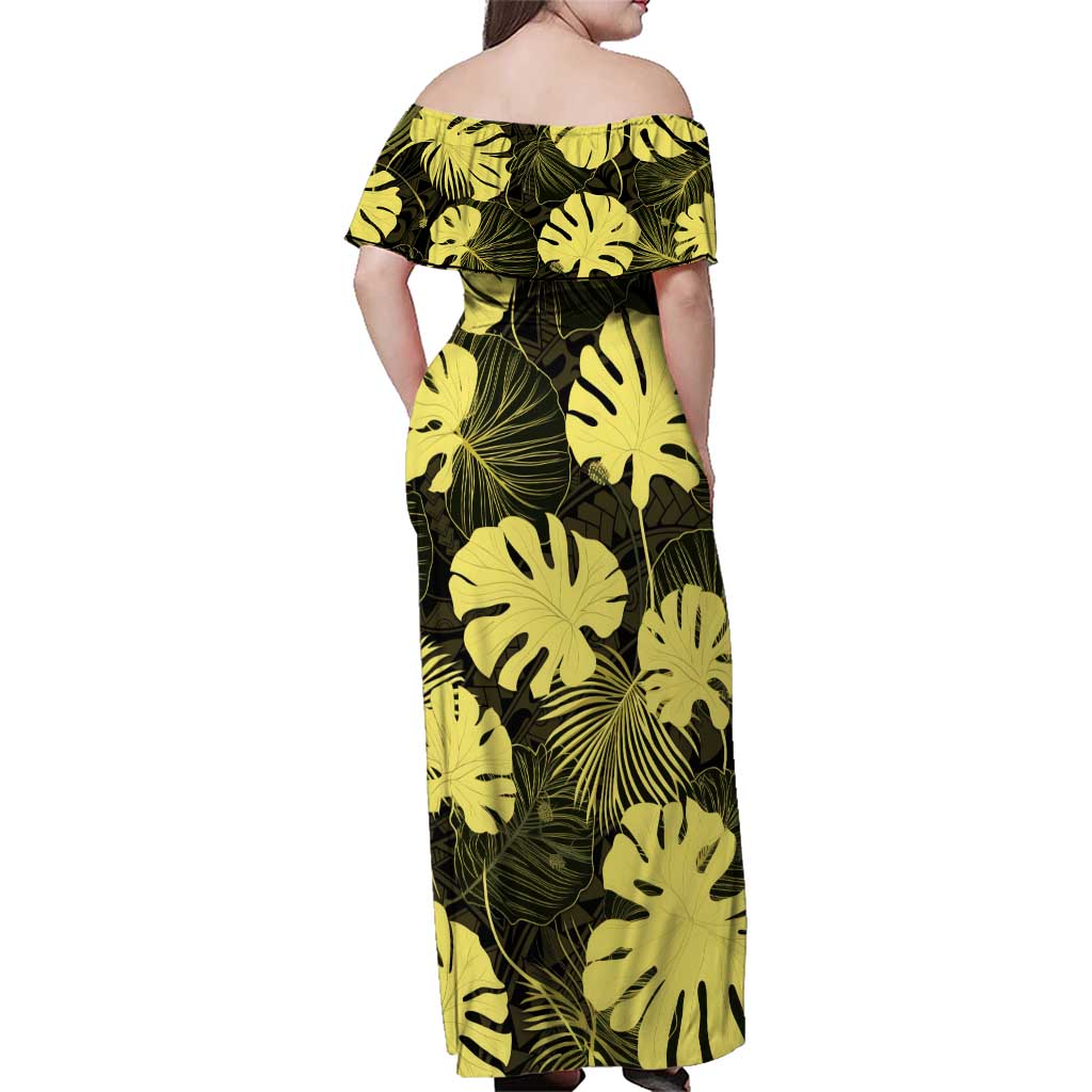 Yellow Hawaii Kukui Nut Lei Family Matching Off Shoulder Maxi Dress and Hawaiian Shirt Hawaiian Pattern Monstera Tropical Vibes LT14 - Polynesian Pride