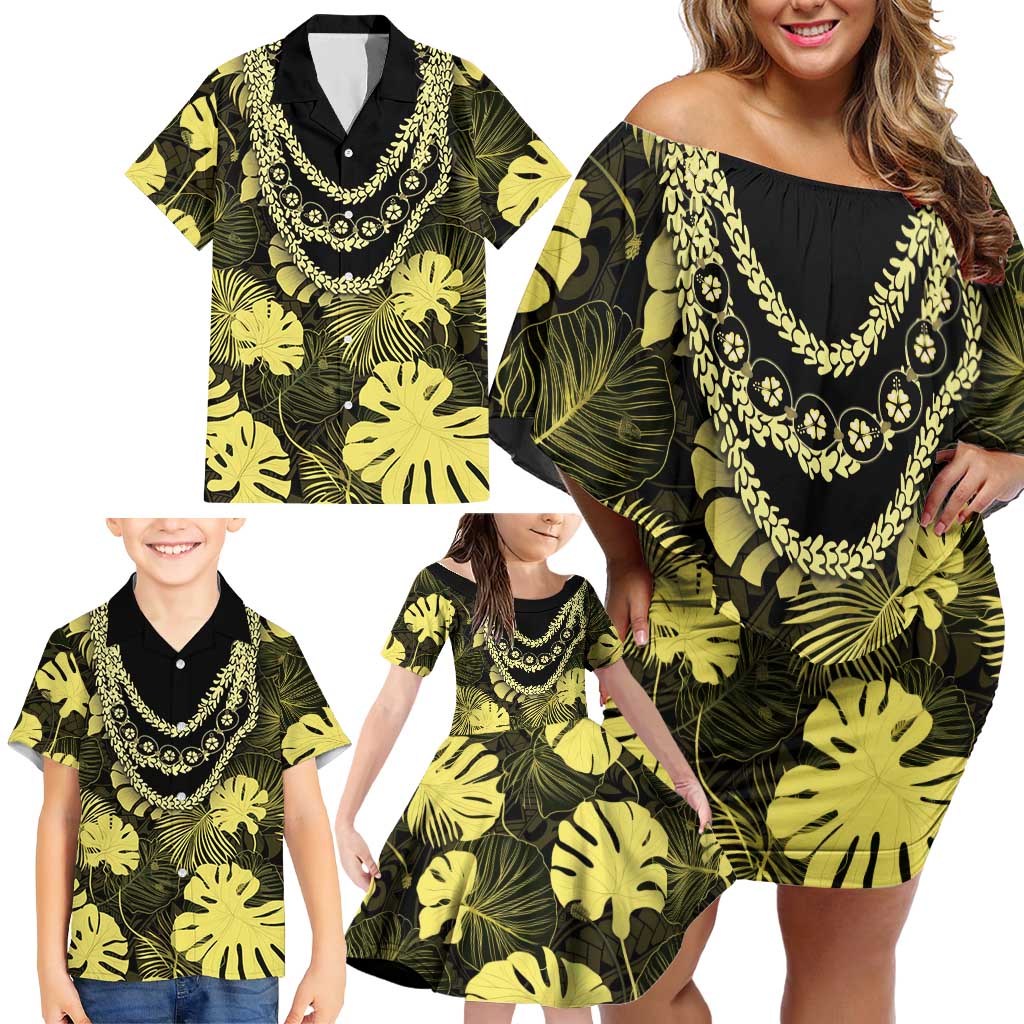 Yellow Hawaii Kukui Nut Lei Family Matching Off Shoulder Short Dress and Hawaiian Shirt Hawaiian Pattern Monstera Tropical Vibes - Polynesian Pride