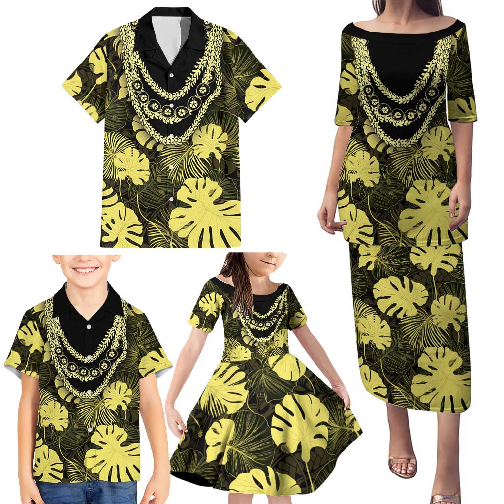 Yellow Hawaii Kukui Nut Lei Family Matching Puletasi and Hawaiian Shirt Hawaiian Pattern Monstera Tropical Vibes - Polynesian Pride
