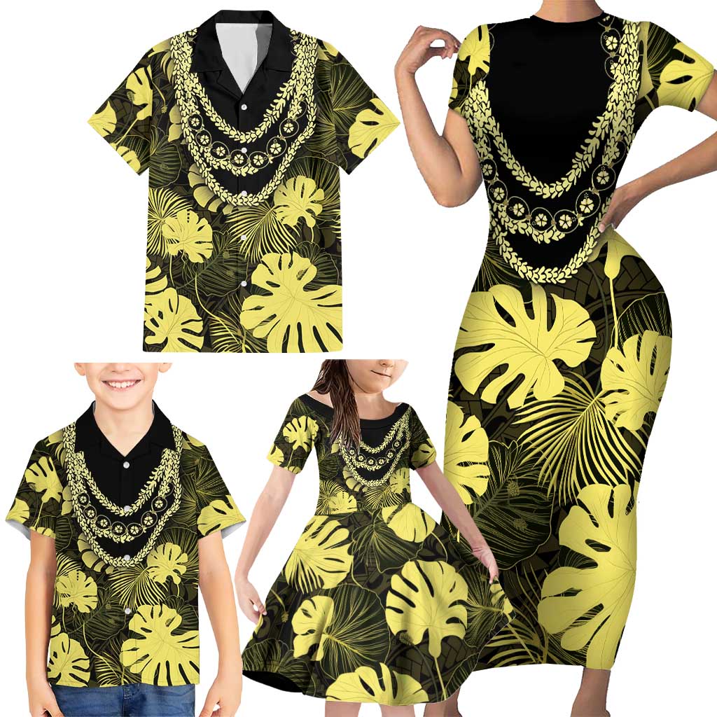 Yellow Hawaii Kukui Nut Lei Family Matching Short Sleeve Bodycon Dress and Hawaiian Shirt Hawaiian Pattern Monstera Tropical Vibes - Polynesian Pride
