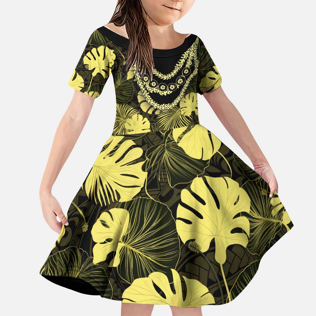 Yellow Hawaii Kukui Nut Lei Family Matching Summer Maxi Dress and Hawaiian Shirt Hawaiian Pattern Monstera Tropical Vibes LT14 Daughter's Dress Yellow - Polynesian Pride
