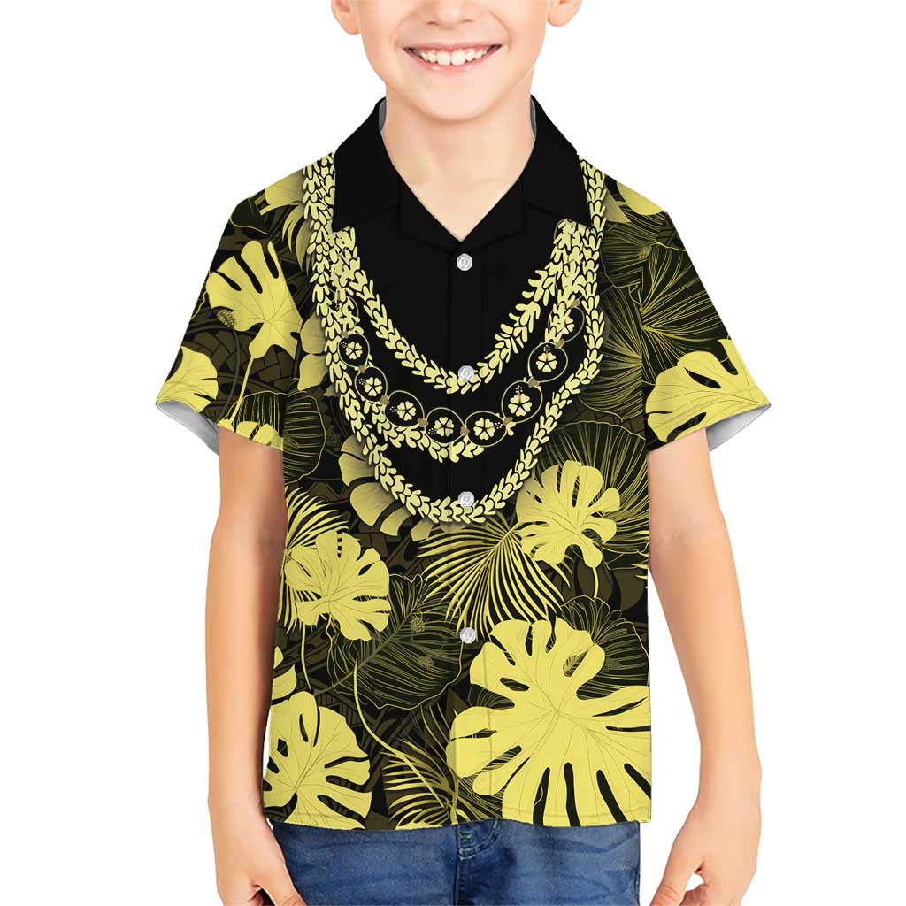 Yellow Hawaii Kukui Nut Lei Kid Hawaiian Shirt Hawaiian Pattern Monstera Tropical Vibes - Polynesian Pride